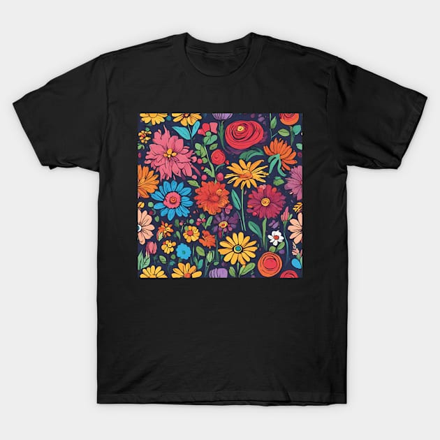 Vibrant Cartoon Flower Garden T-Shirt by Abeer Ahmad